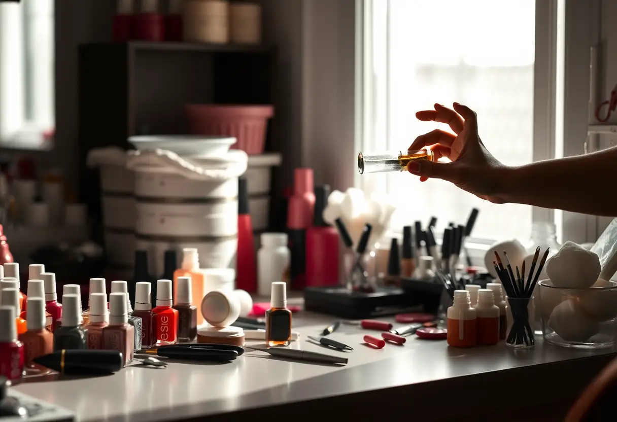 Un bureau bien éclairé rempli d'outils de soins des ongles, avec une french manucure en préparation