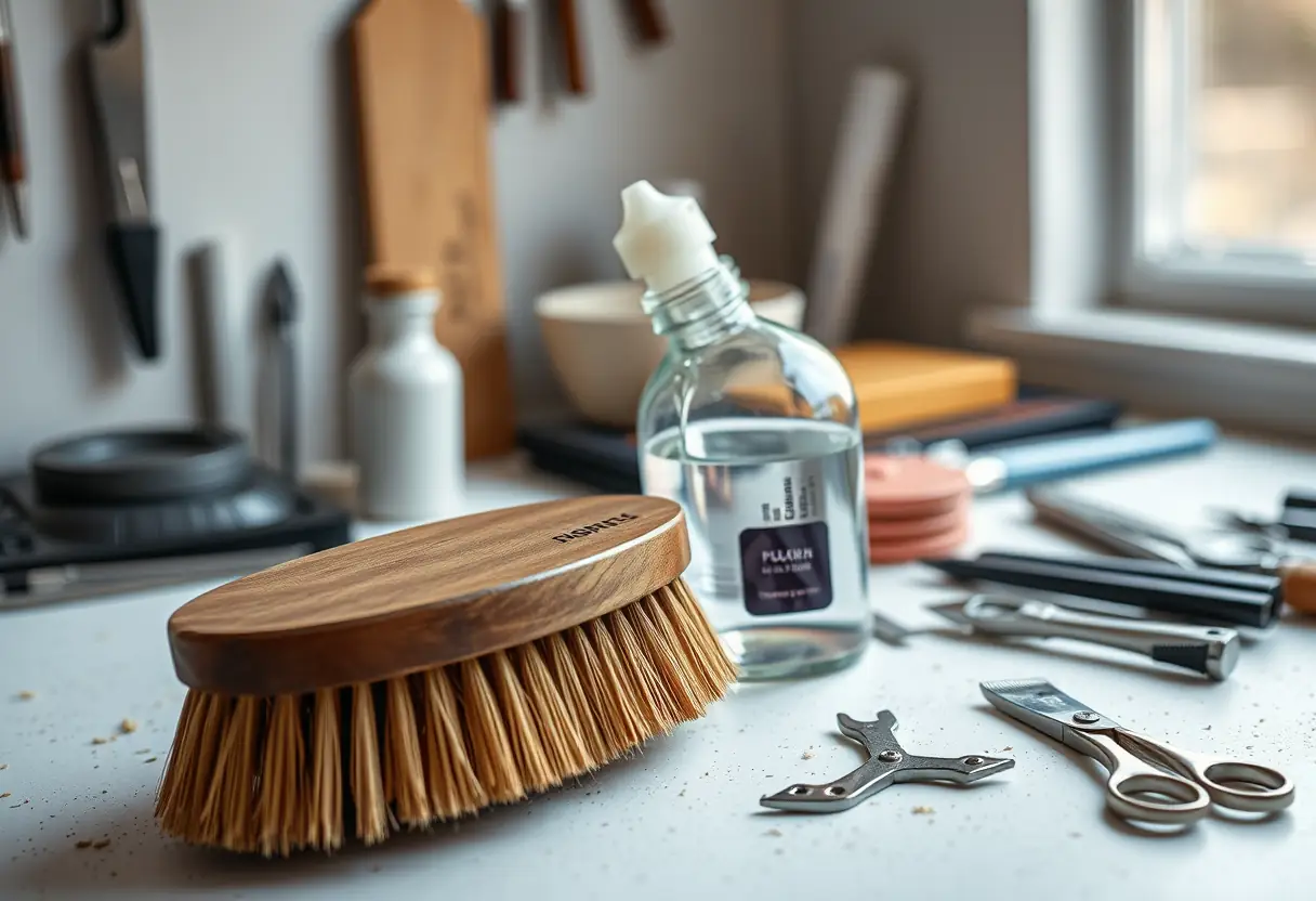 Ongles et beaute : un pinceau et un flacon sur un bureau d'esthéticienne
