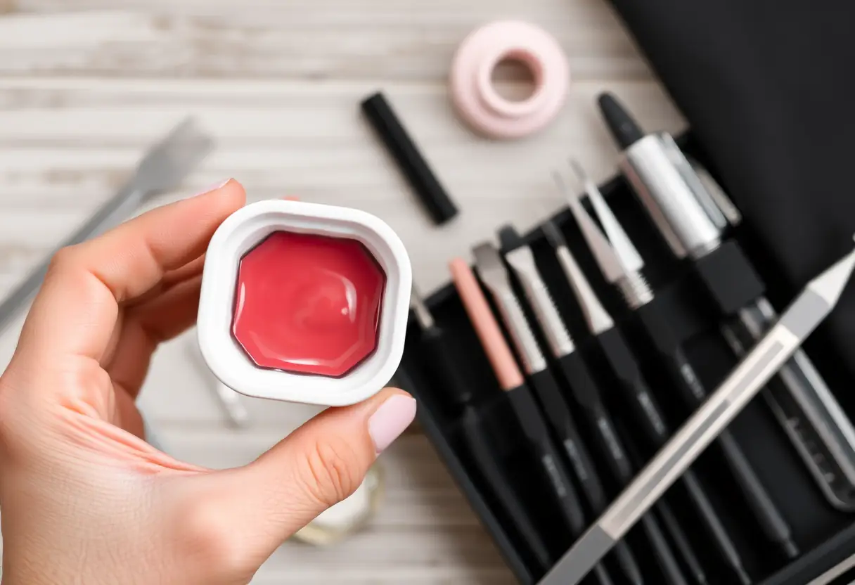Une main tenant un petit contenant blanc avec du vernis, près d'outils bien organisés