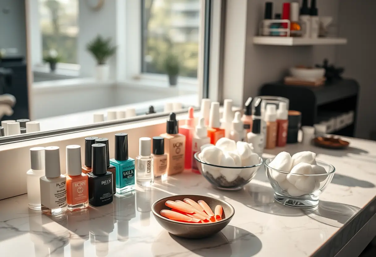 Comptoir bien éclairé d'un salon de manucure avec divers produits de soins des ongles