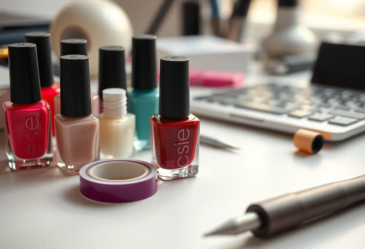 Outils de manucure : bouteilles de vernis et ruban adhésif
