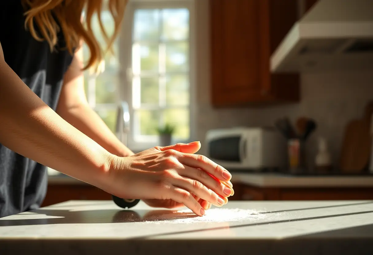 Des mains qui façonnent les ongles en forme arrondie sur un plan de travail, préparation de la french manucure