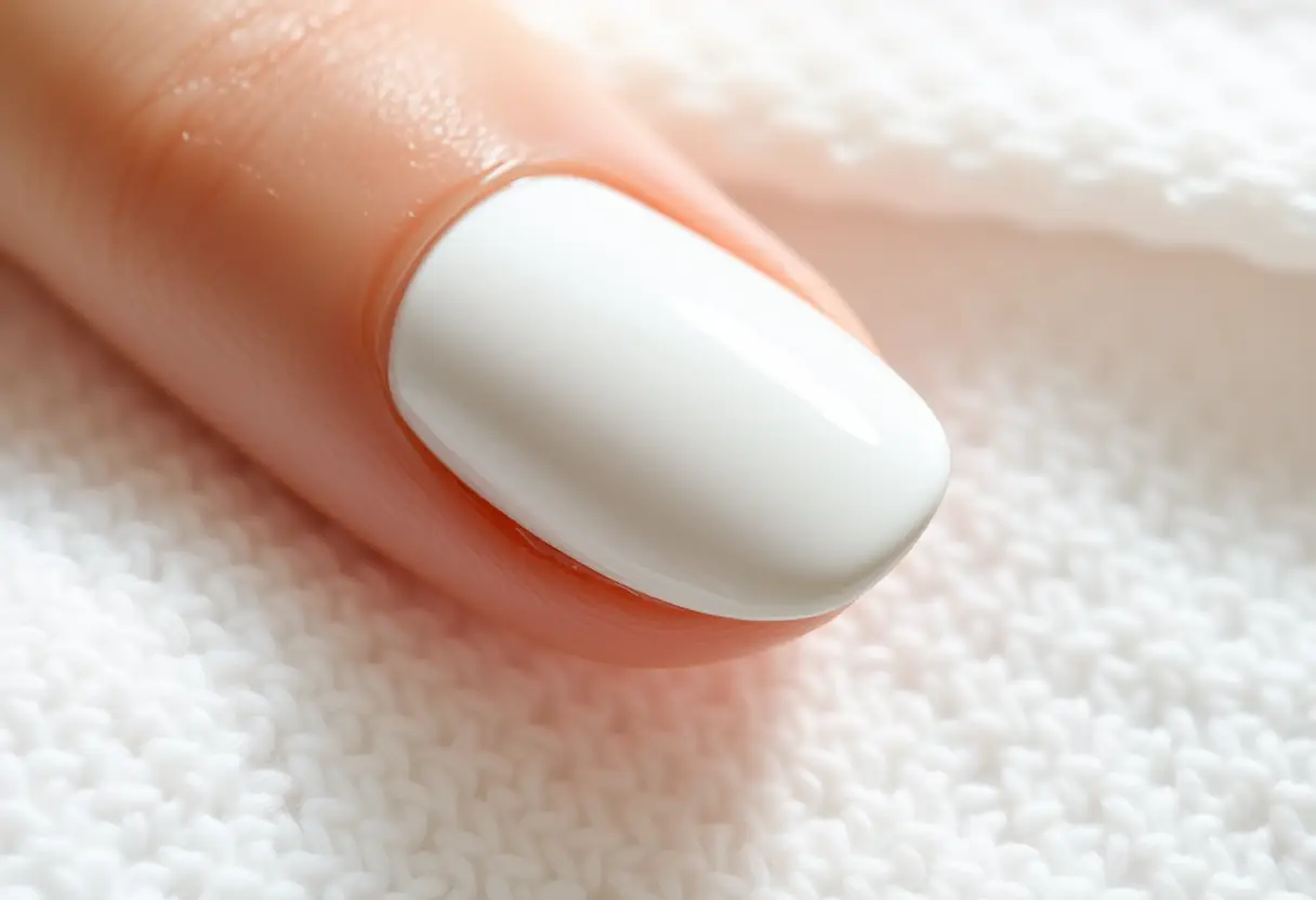 Un ongle bien préparé sur un linge doux, prêt à recevoir du vernis blanc