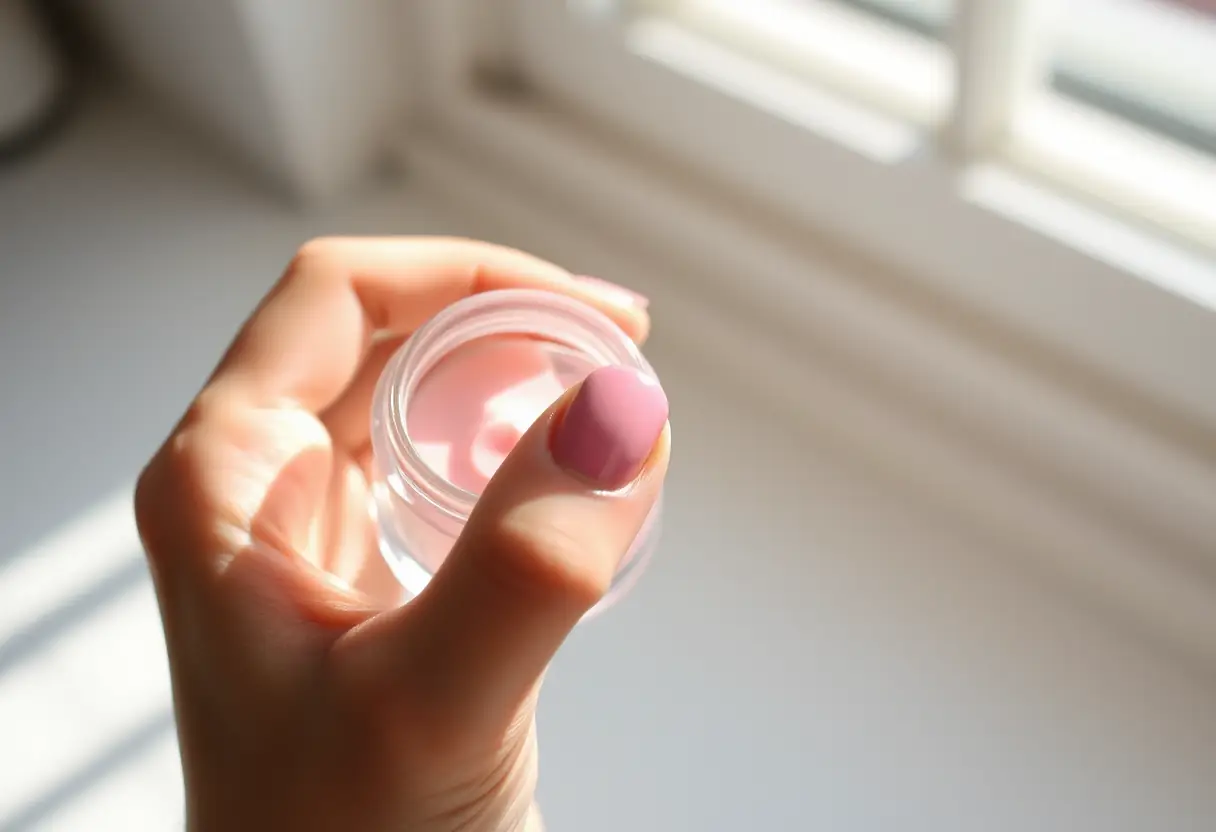 Une main tenant un pot de vernis rose pâle prêt à être appliqué sur un ongle récemment manucuré