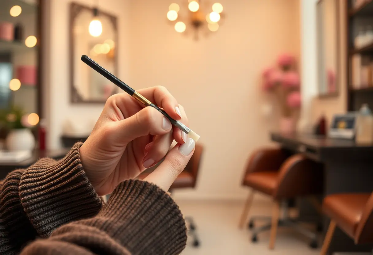 Une main applique délicatement du gel sur un ongle artificiel dans un salon de manucure chaleureux, naturel