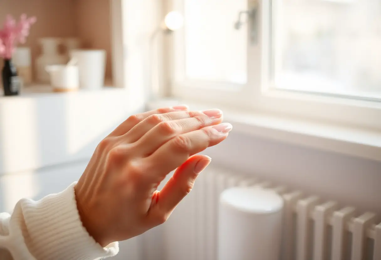 Une main qui applique délicatement du polygel sur un ongle artificiel dans un salon de beauté, éclairé naturellement par la lumière du soleil, ongles et beauté
