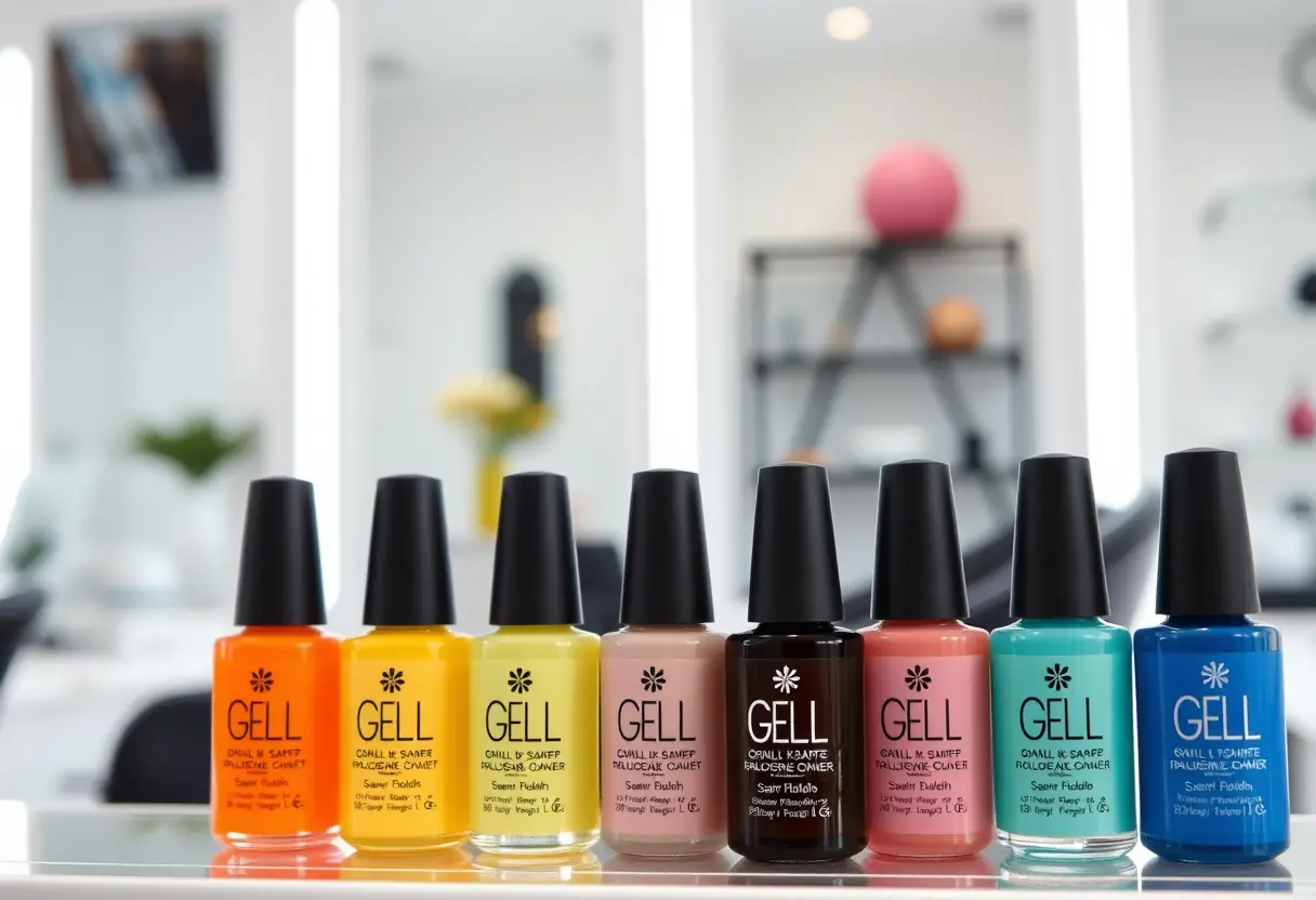 Des bouteilles de gel rangées sur une étagère dans un salon d'esthétique, pont-remy
