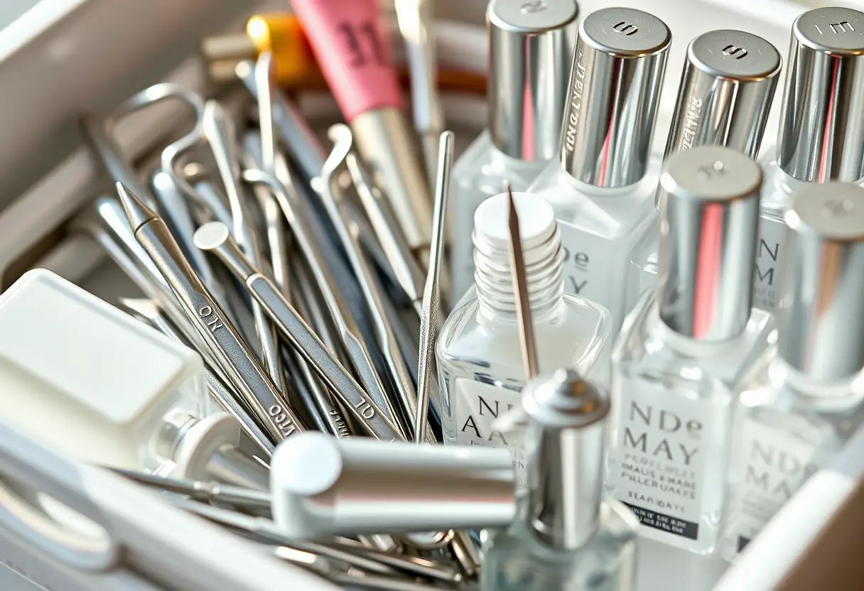 Un plateau de manucure avec des outils métalliques et des bouteilles de gel, lumière naturelle