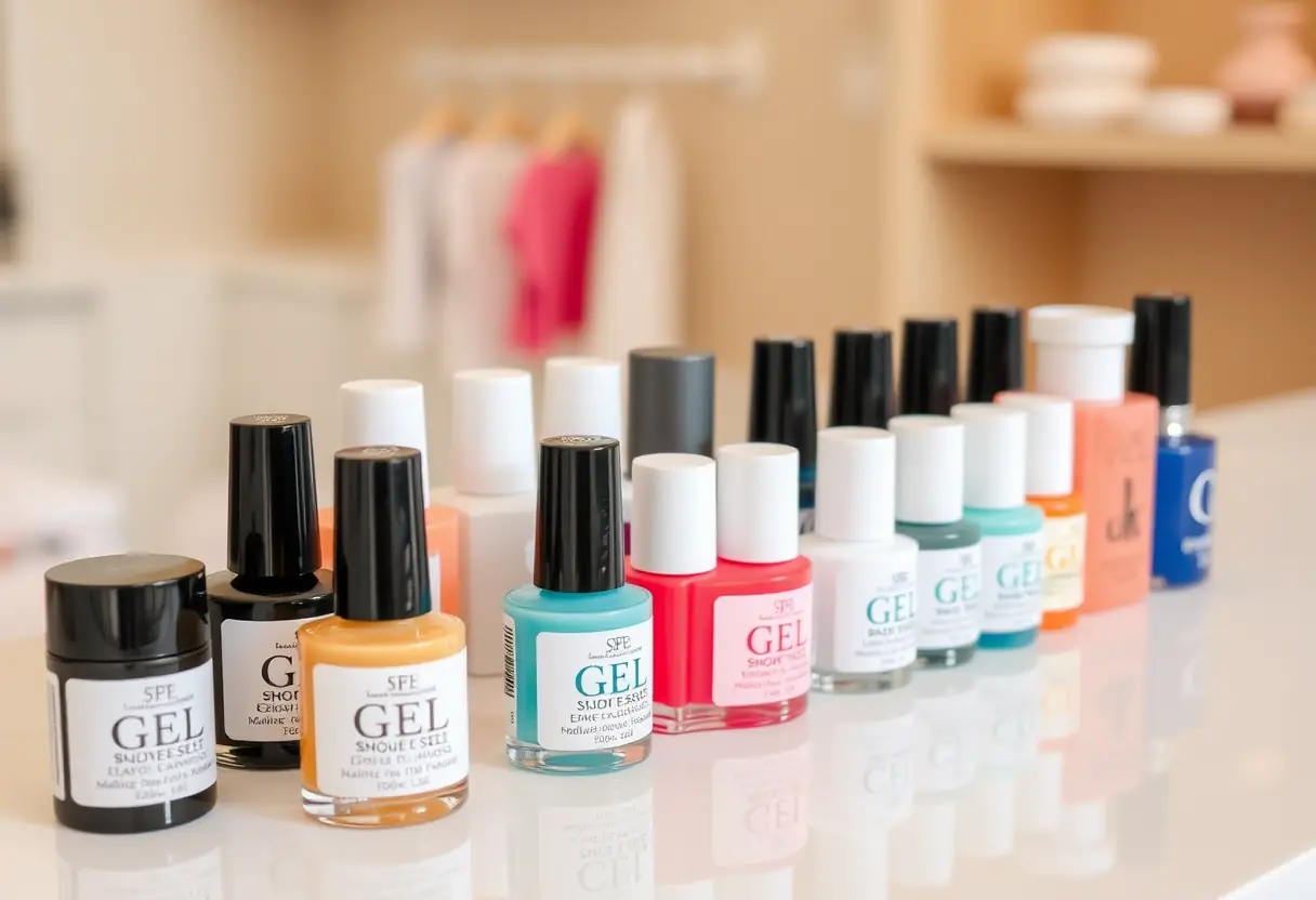 Bouteilles de gel à ongles bien rangées sur un comptoir propre