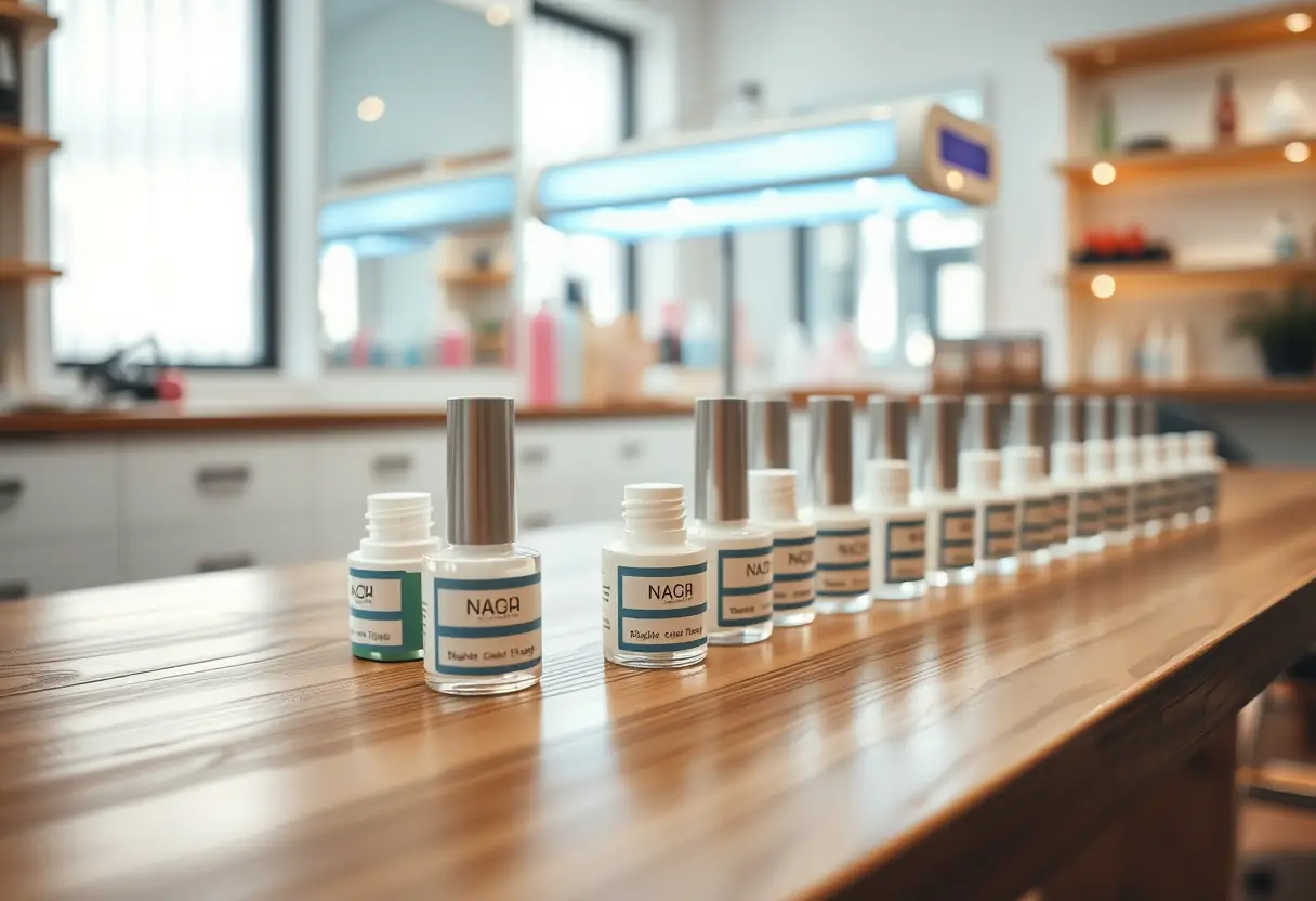 Bottes de gel sur une table de manucure dans un salon de beauté