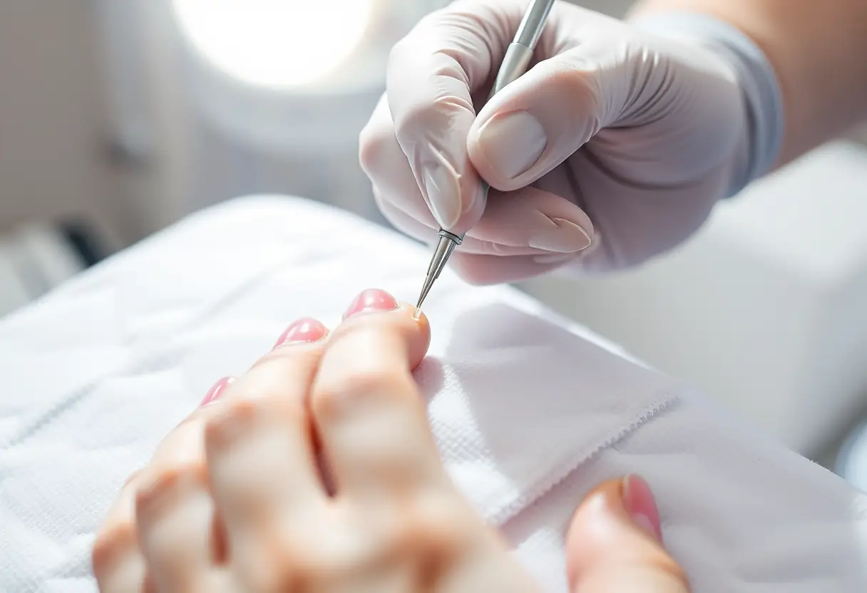 Main tenant un pincet pour appliquer du gel sur un ongle artificiel en atelier professionnel
