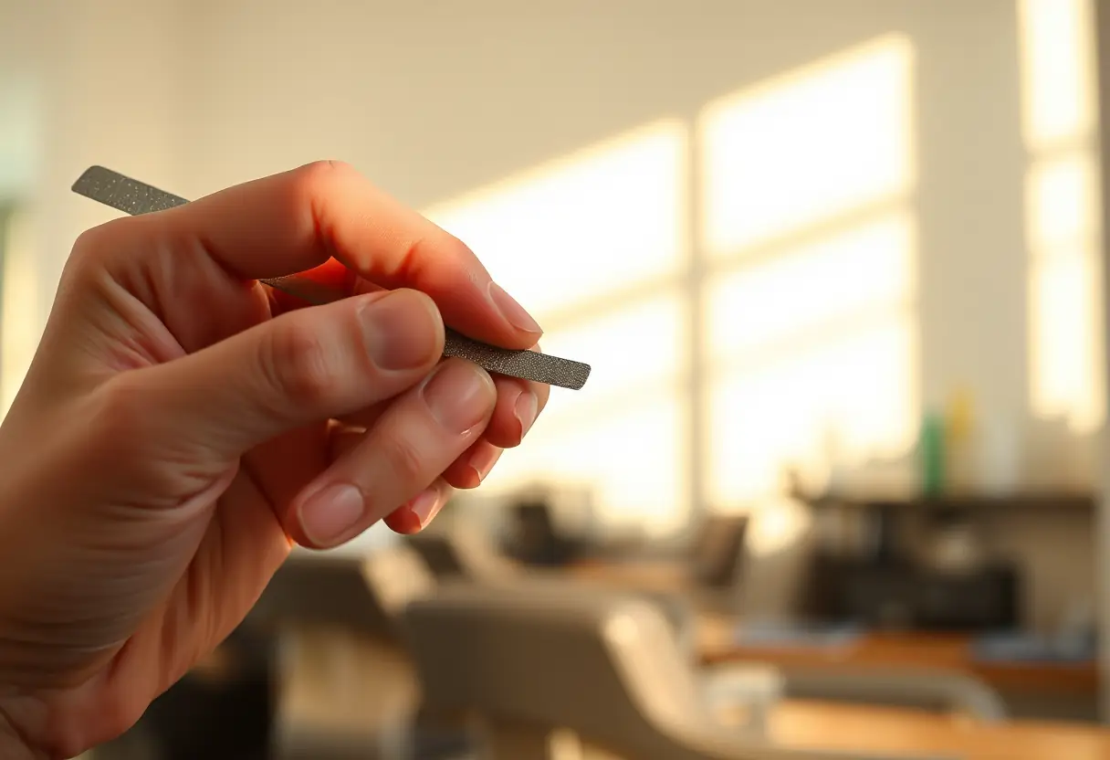 Fichier à ongles dans une main, utilisée pour lisser une plaque d'acrylique dans un salon de manucure bien éclairé