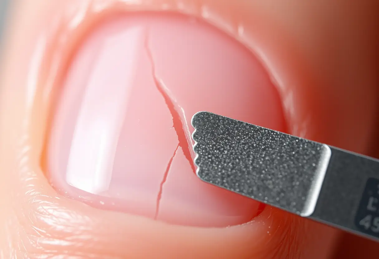 Ongle acrylique fendu avec un outil de manucure près