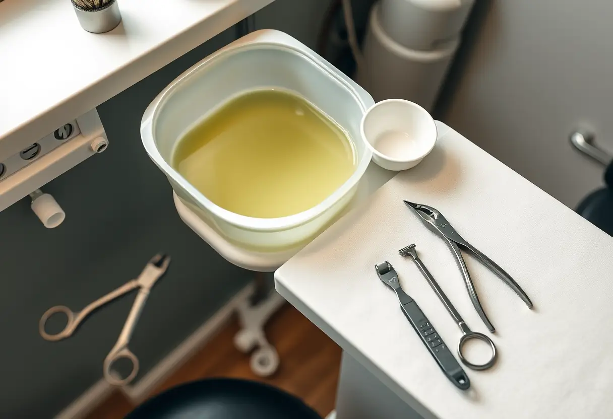 Station de travail organisée dans un salon de beauté avec des outils pour le retrait d'ongles acryliques