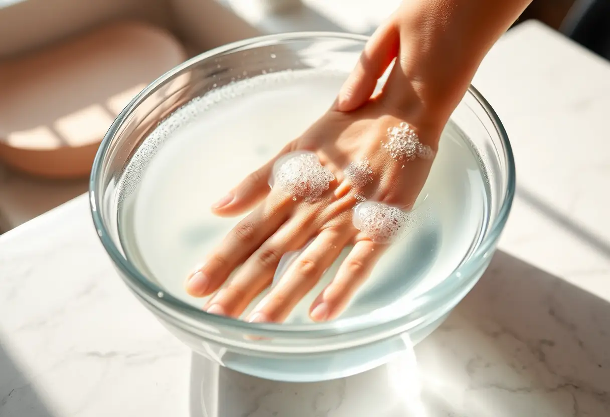 Main dans un bol d'acétone pour le retrait du vernis semi-permanent