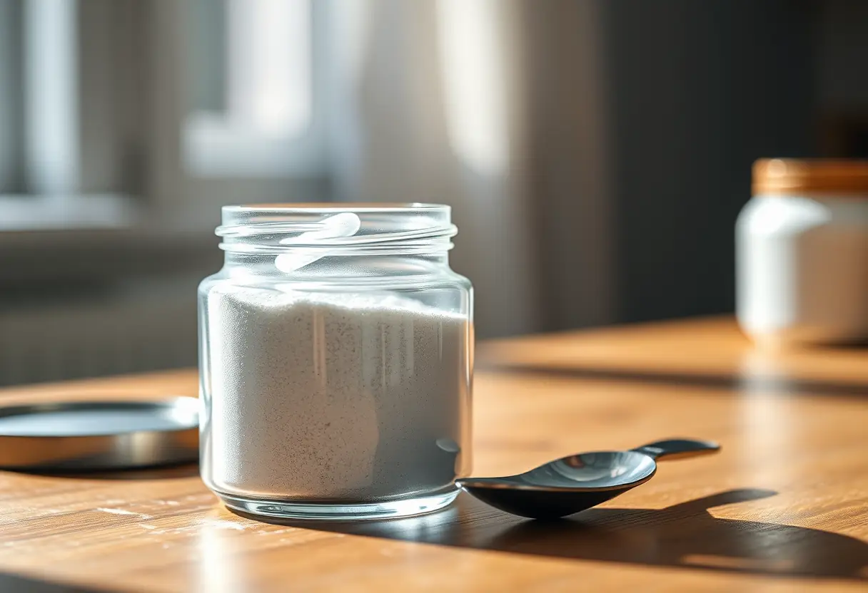 Un bocal de poudre acrylique claire sur une table en bois, éclairé naturellement, avec une cuillère à côté