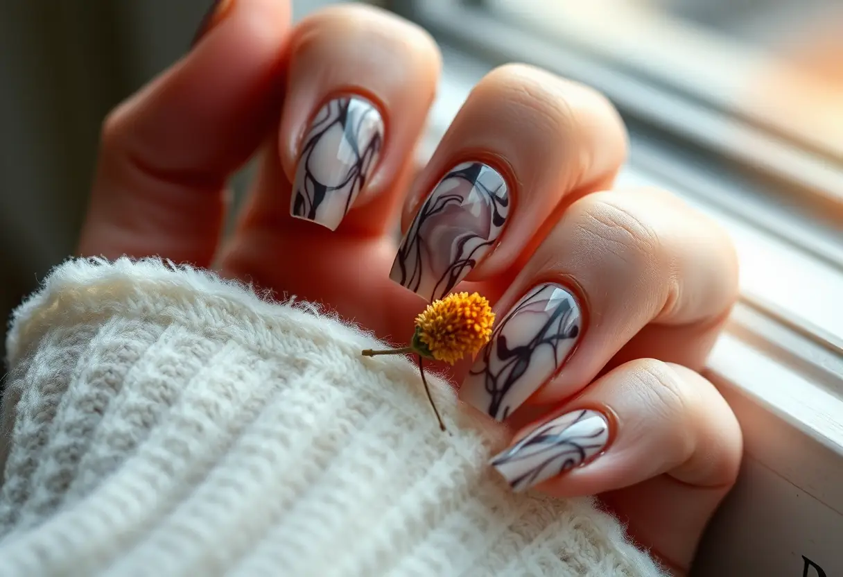Une main manucurée avec des ongles acryliques ornés de motifs marbrés et d'une petite fleur sèche, éclairée par la lumière de la fenêtre