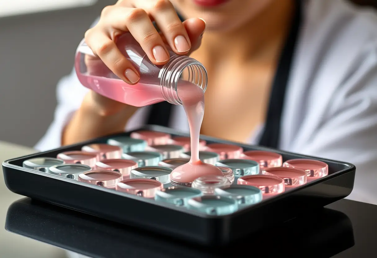 Une esthéticienne tient un flacon transparent contenant une résine rose pâle, versant le contenu sur un plateau rempli de diverses teintes de polygel