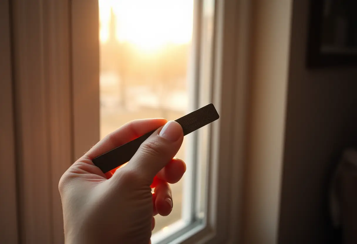 Une main file doucement un ongle acrylique chez soi, près d'une fenêtre laissant entrer la lumière du matin