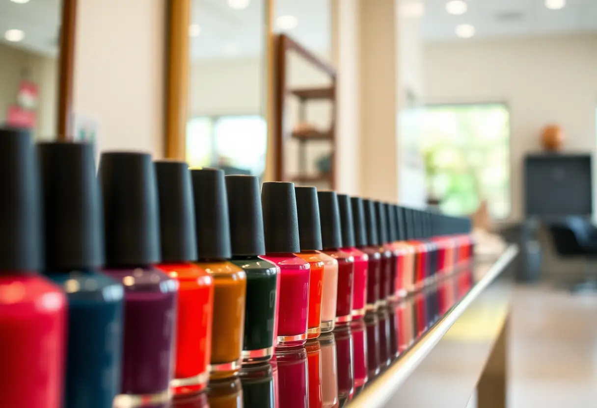 Rayon de bouteilles de vernis à ongles de différentes couleurs dans un salon d'esthétique