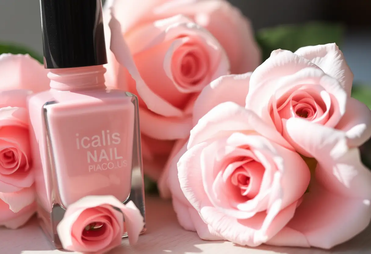 Un flacon de vernis rose pâle à côté d'un bouquet de roses pivoines, éclairés naturellement