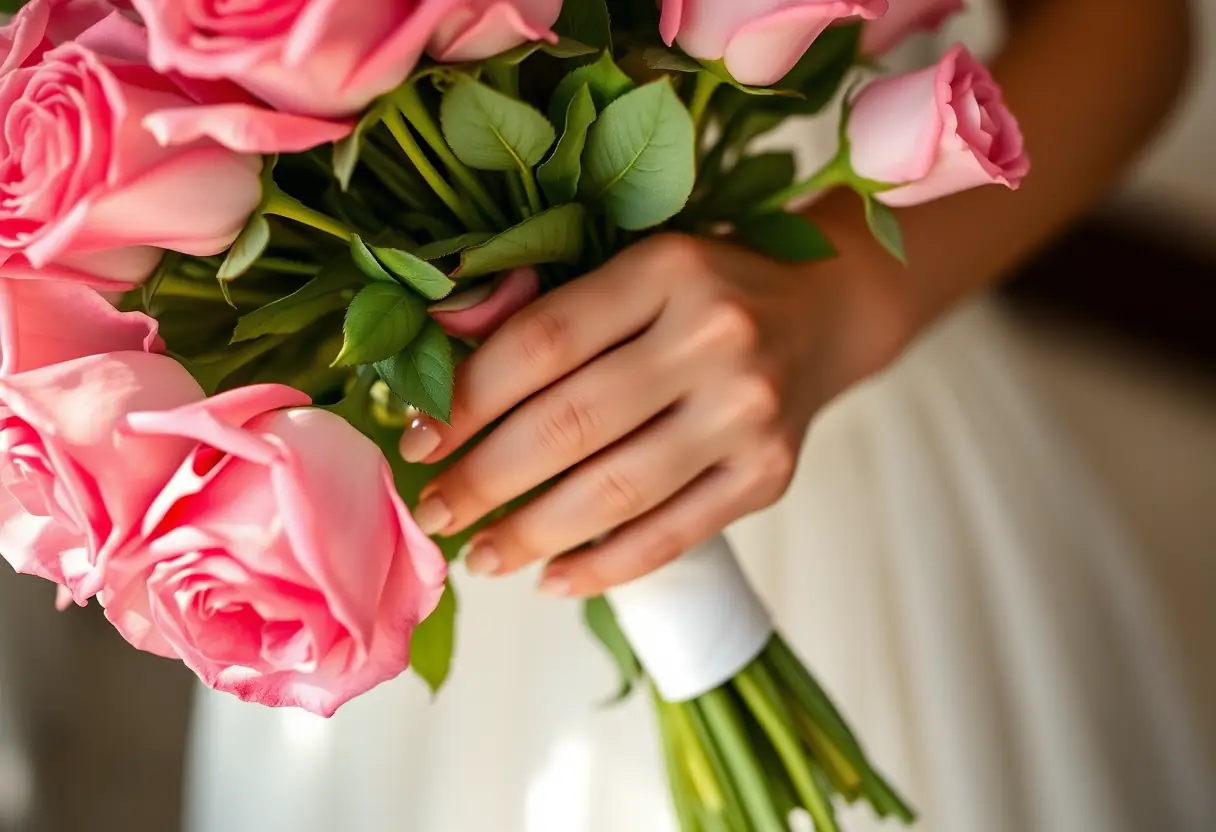 La main d'une mariée tenant un bouquet de roses pivoines, les ongles peints en nude subtilement irisé