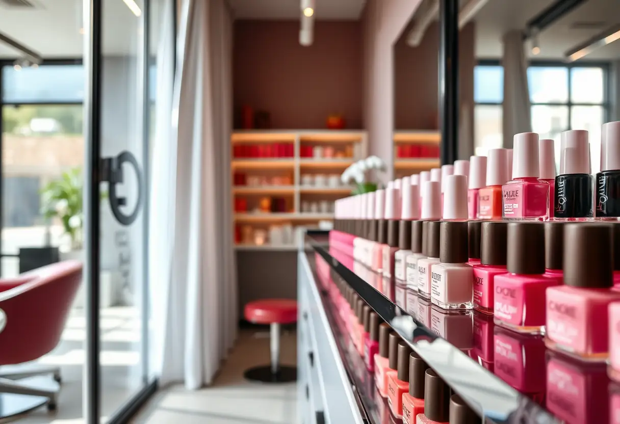 Intérieur de salon de beauté avec étagère présentant divers vernis, du rose pâle au violet, sous la lumière naturelle