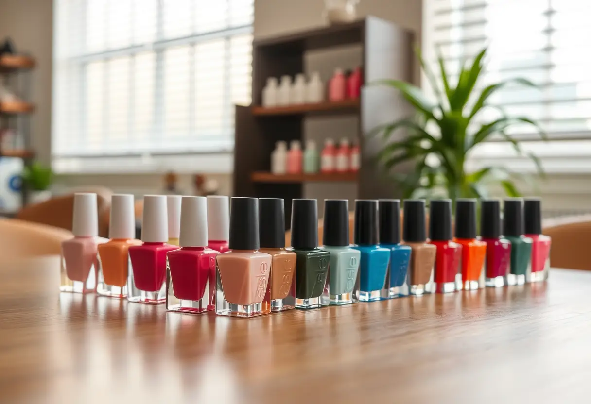 Bouteilles de vernis semi permanentes ouvertes sur une table de bois dans un salon de beauté