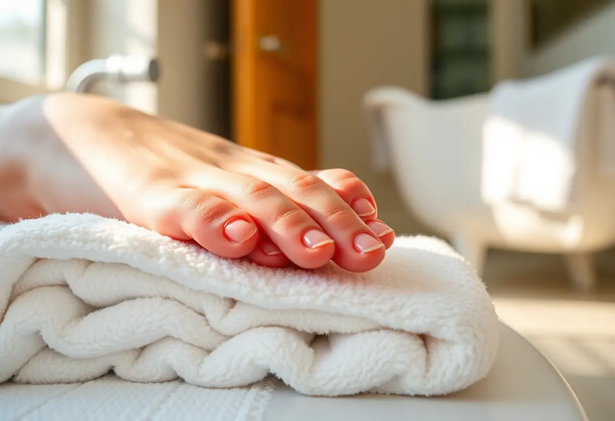 Pieds bien entretenus sur serviette blanche, soins des ongles