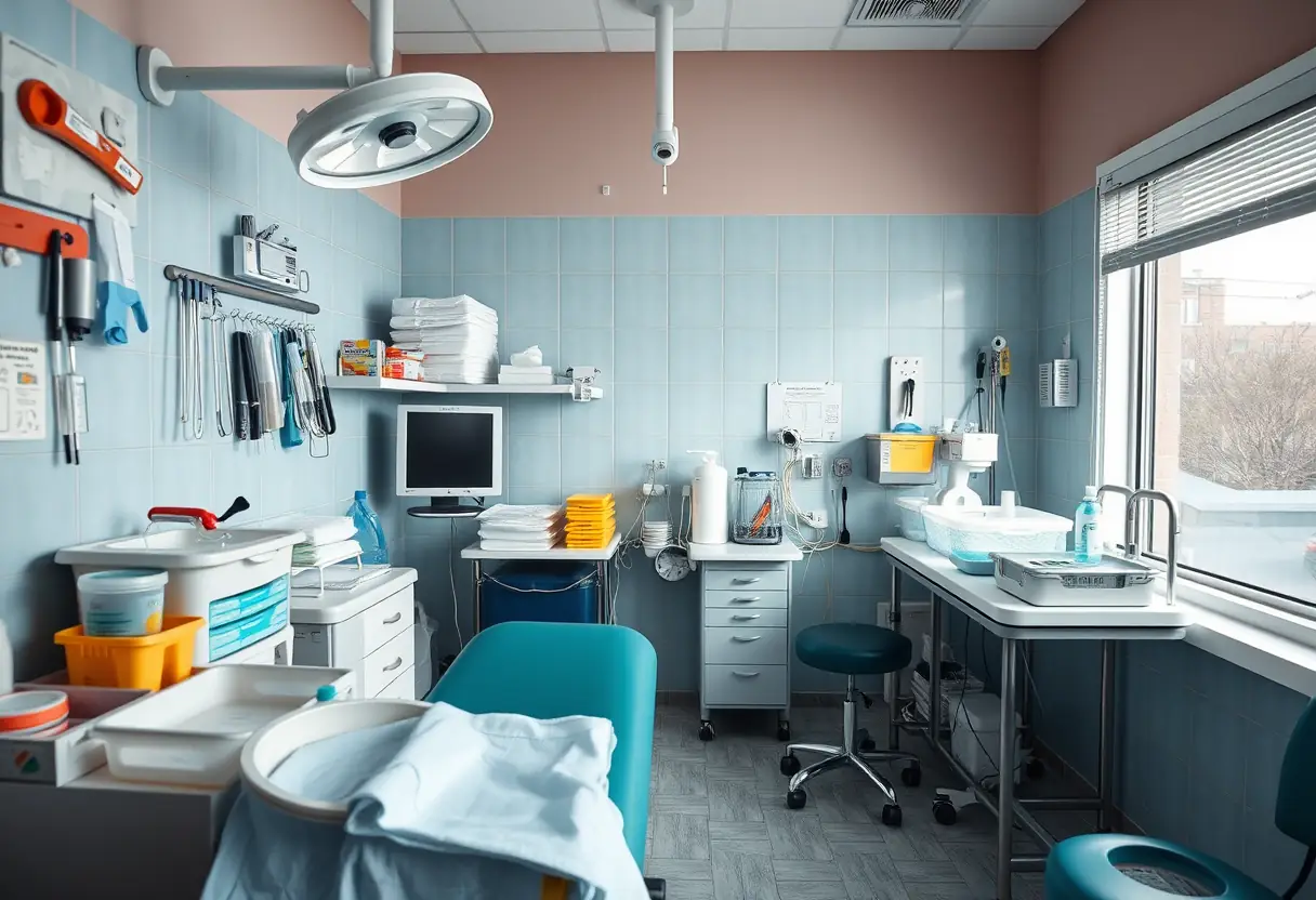 Espace de soins bien organisé avec des outils médicaux et des produits d'hygiène
