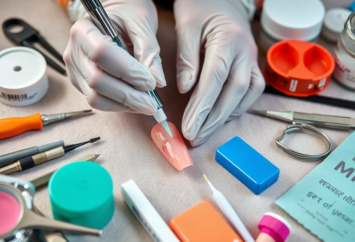 Main du prothésiste appliquant le gel sur l'ongle artificiel, outils autour