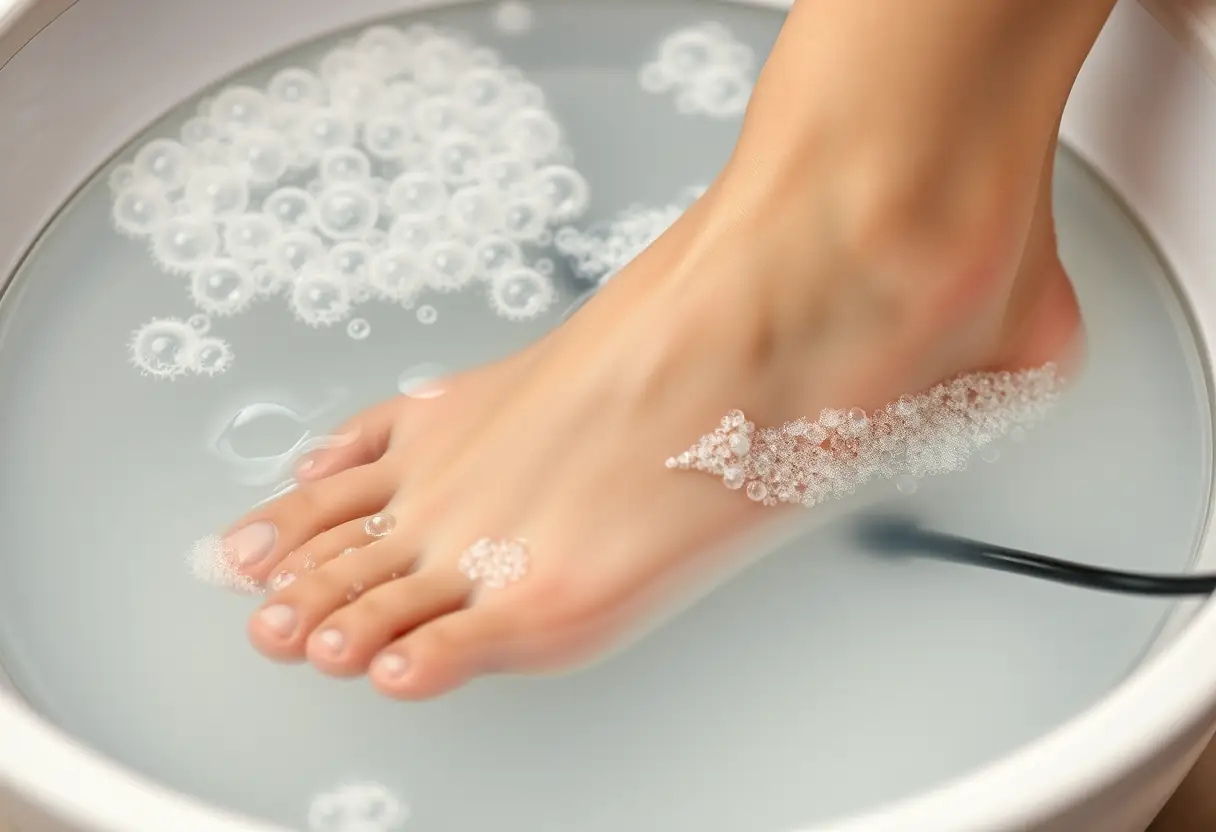 Pied dans une bassine d'eau chaude avec des bulles