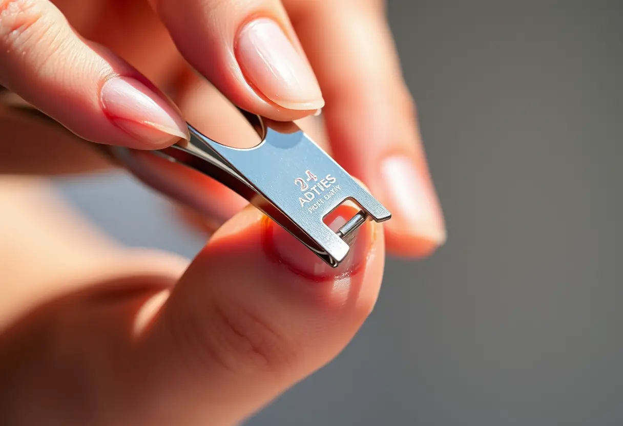 Main tenant une paire de ciseaux pour ongles au-dessus d'un ongle bien taillé