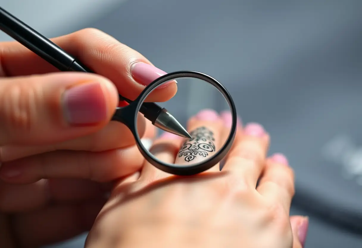 Main tenant un loupe sur un ongle décoré, précision nécessaire