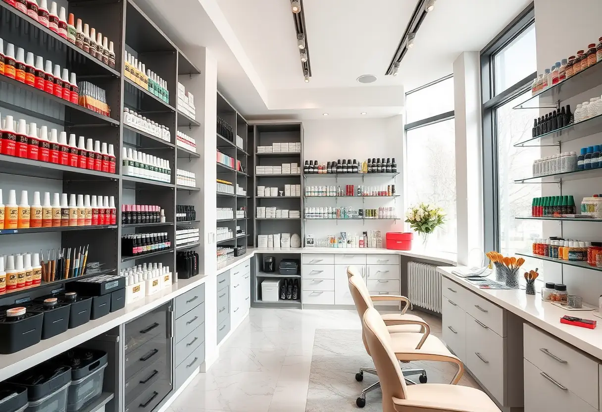 Vue d'un salon de manucure avec des étagères bien rangées de produits et outils professionnels