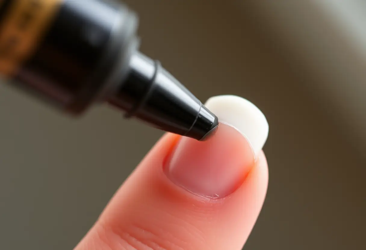 Crayon blanc appliqué sur l'ongle, technique de manucure française, beauté des ongles