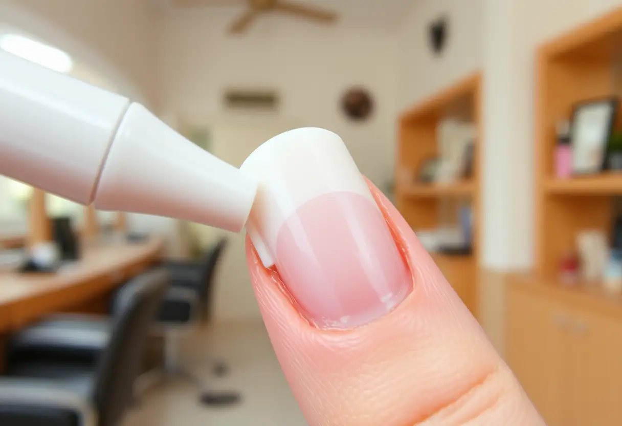Un crayon blanc touche délicatement l'onglet d'un ongle acrylique pour créer une bordure blanche nette