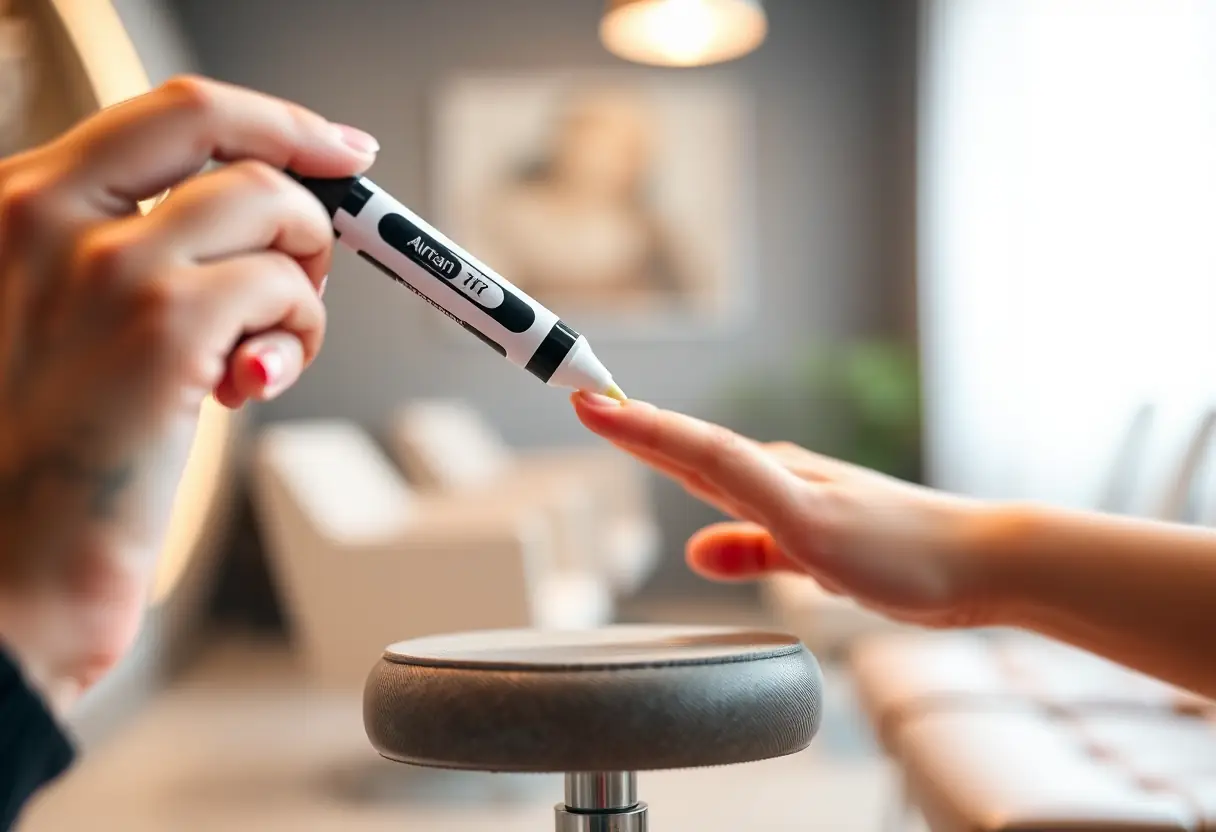 Main tenant un crayon pour dessiner la ligne de sourire sur les ongles d'une cliente