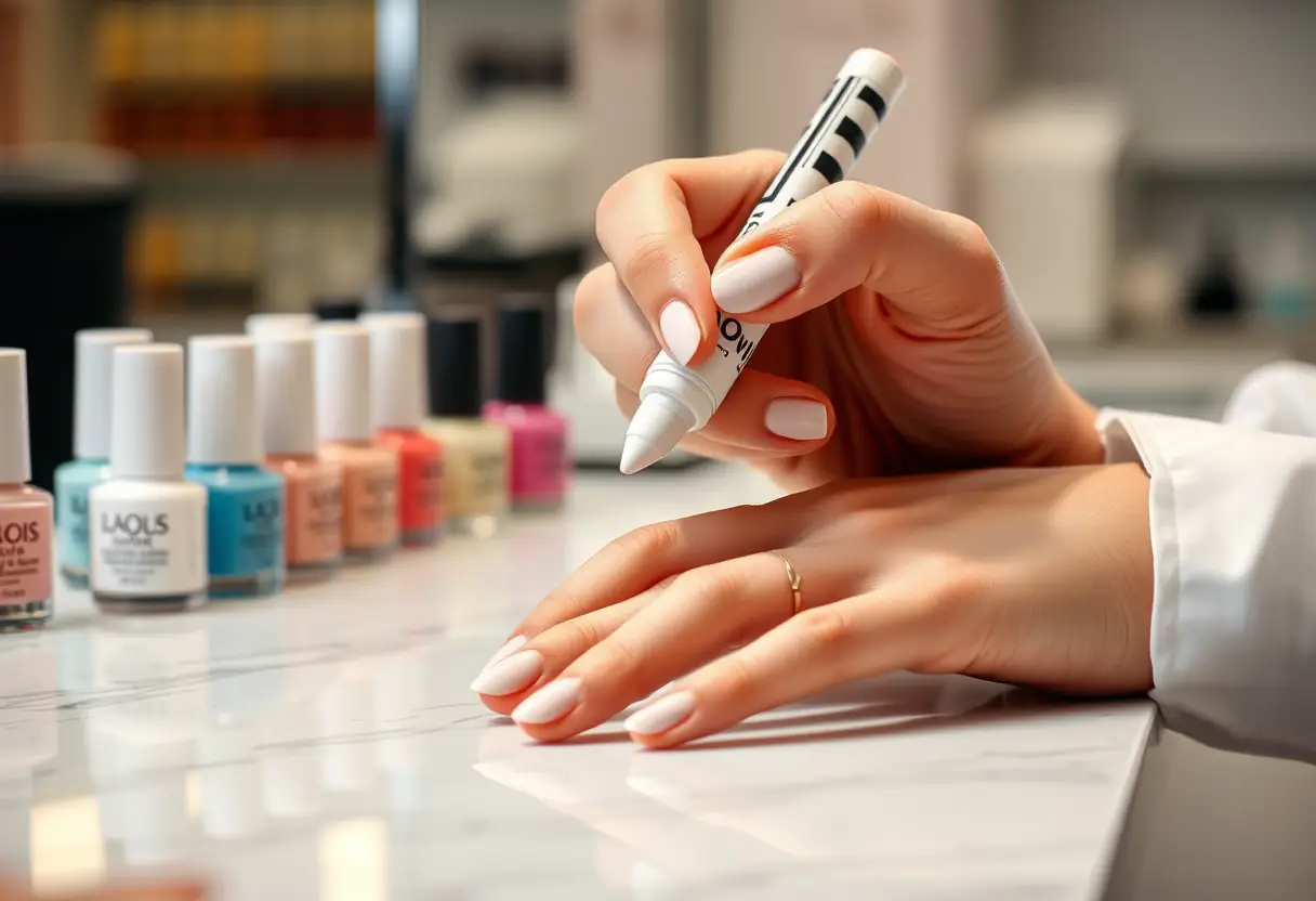Un esthéticien applique un crayon blanc sur un ongle acrylique dans un salon de beauté