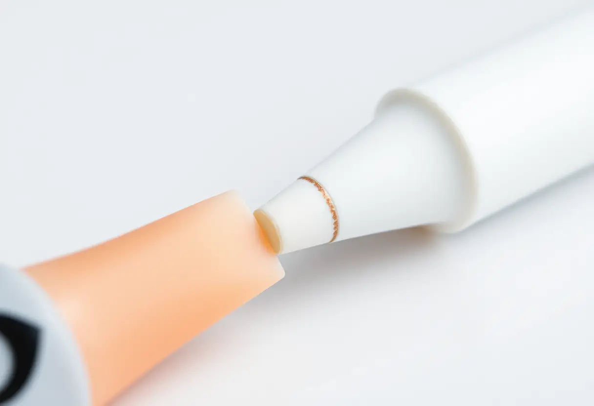 Une mine fine d'un crayon blanc posé près d'un ongle artificiel partiellement décoré pour une french manucure
