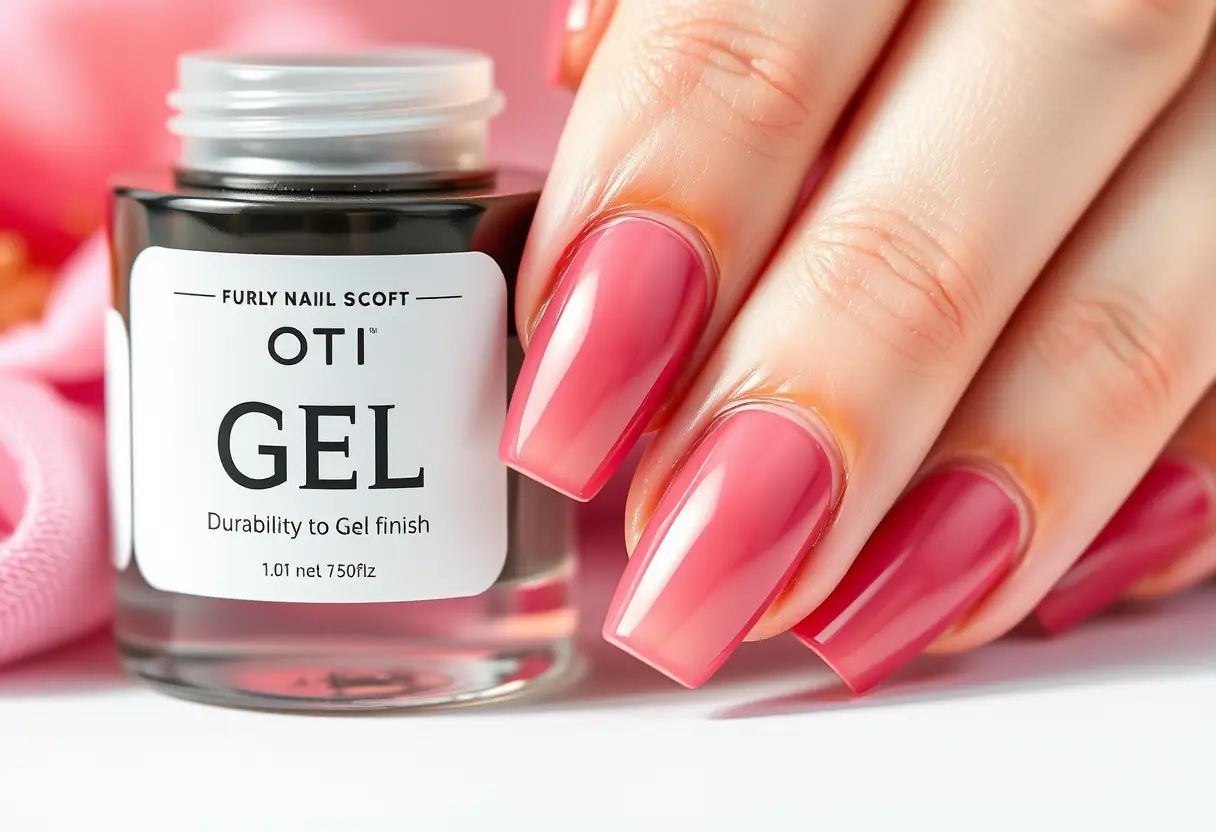 Bouteille de gel près d'une paire d'ongles carrés bien polis