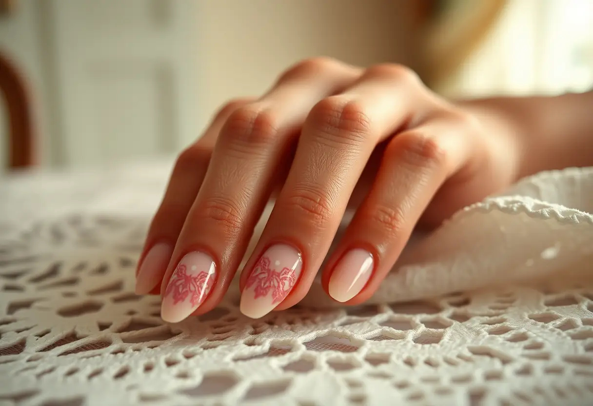 Ongles de mariée ornés de dentelle, délicatement éclairés