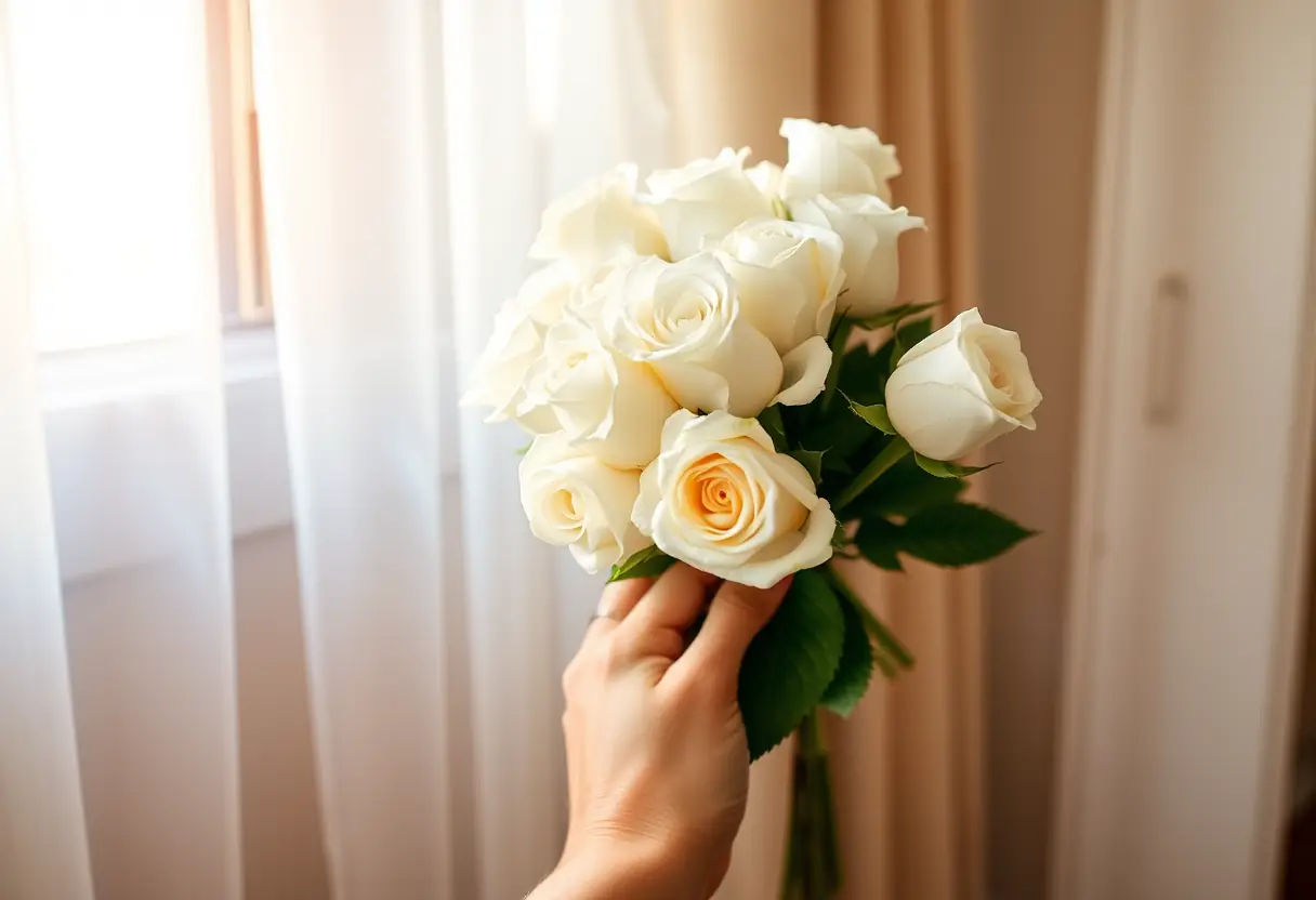 Main de mariée tenant un bouquet de roses blanches, avec une manucure française élégante