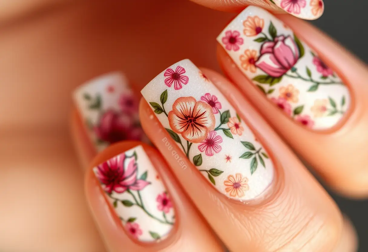 Motifs floraux délicatement peints sur les ongles, beauté du mariage