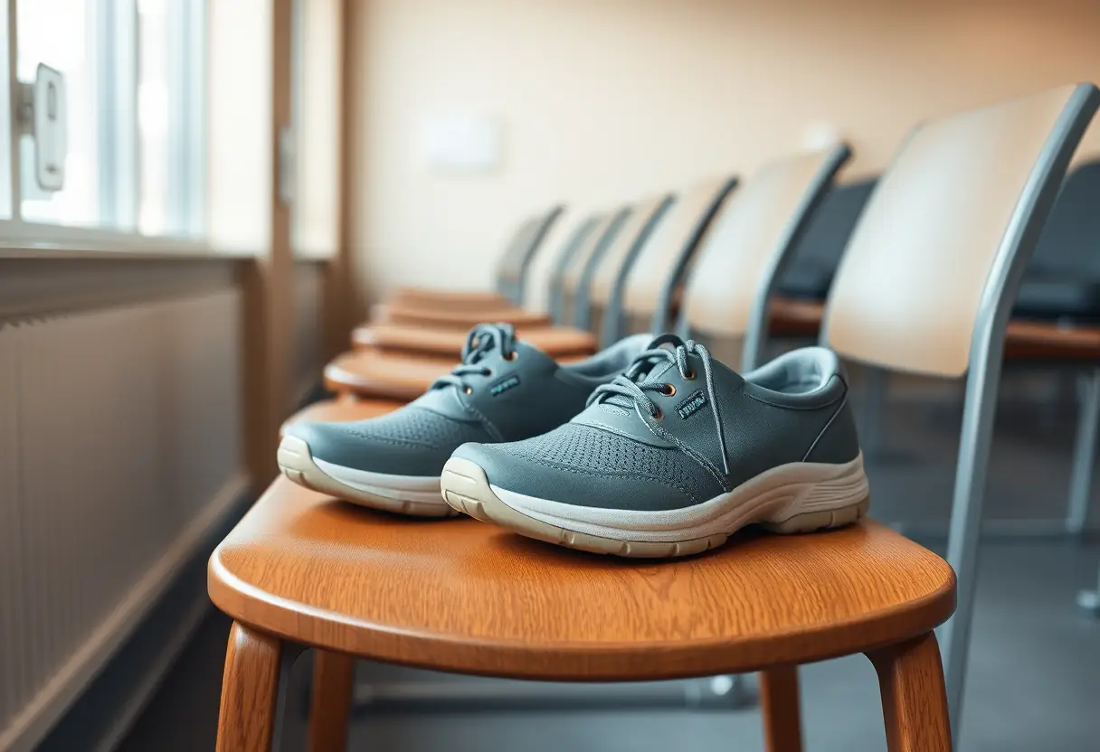 Chaussures orthopédiques sur chaise en bois, salle d'attente calme
