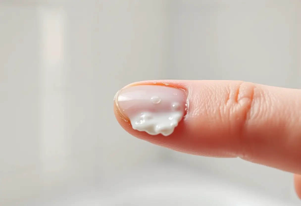 Un tampon en coton imbibé de bicarbonate de soude appliqué sur une ongle pour nettoyer les résidus, beauté des ongles