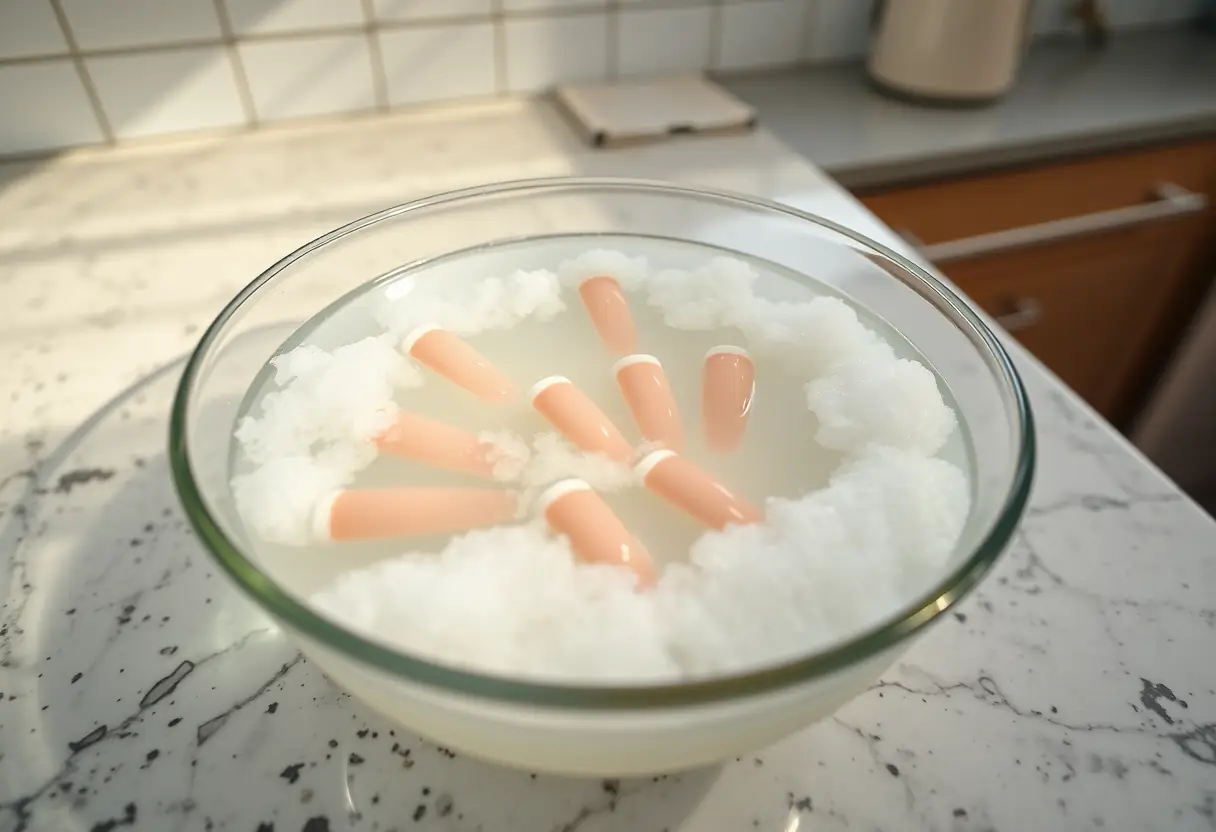 Un comptoir de cuisine avec un bol d'eau salée chaude servant à dégraisser les ongles en acrylique, soin des ongles