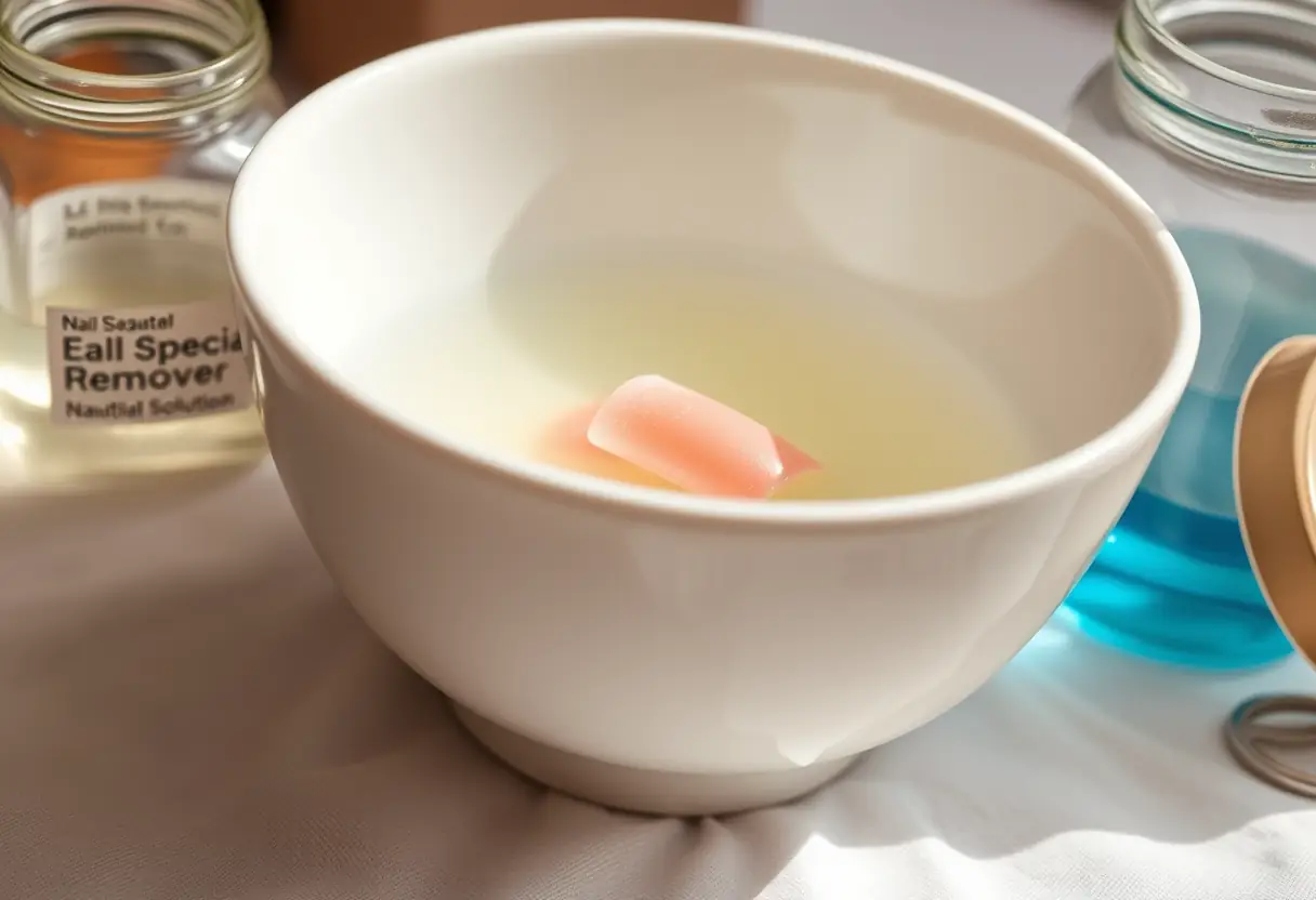 Ongle artificiel trempé dans un bain de dissolvant pour la dépose