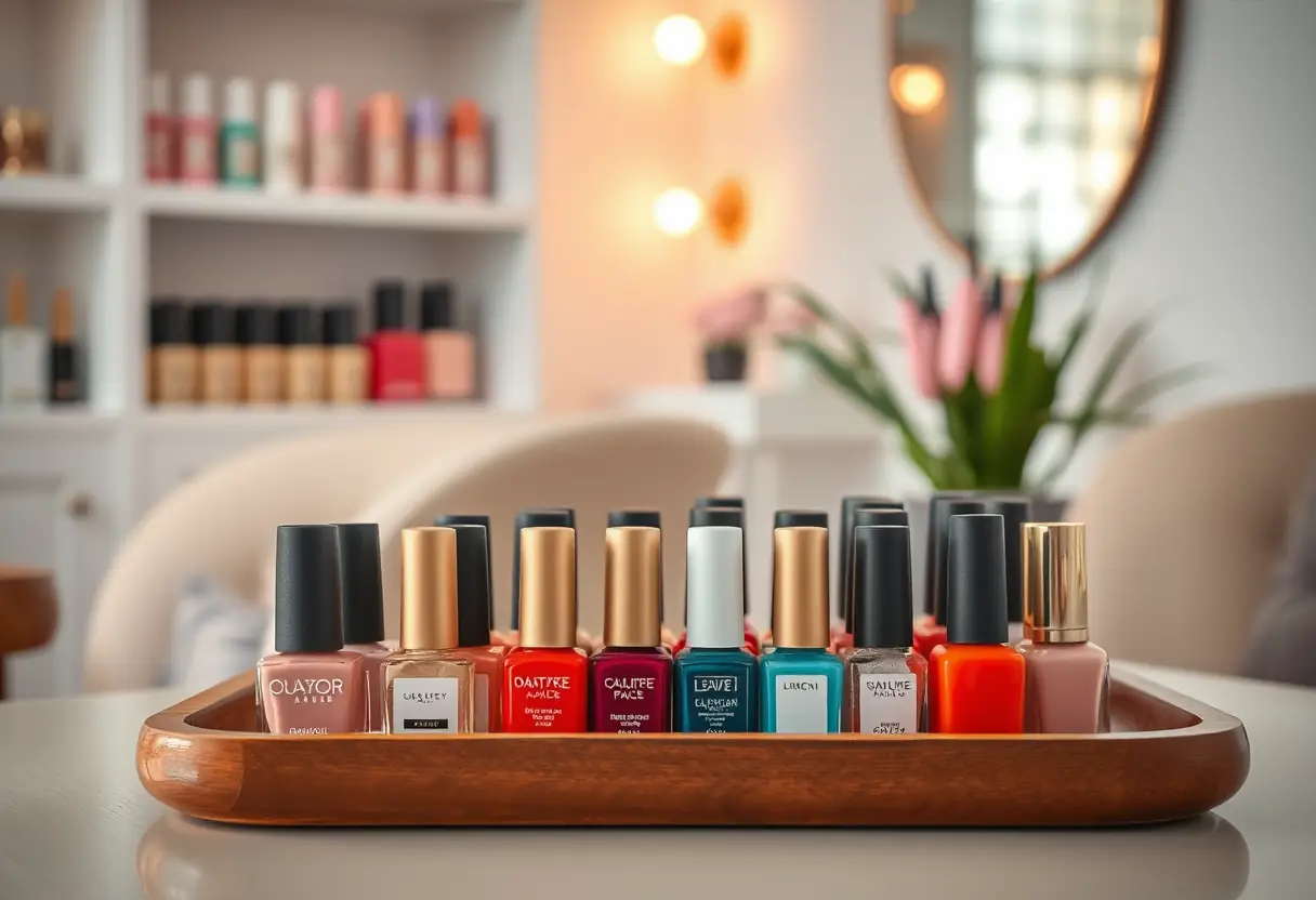 Bouteilles de vernis colorées disposées sur un plateau en bois, salon de manucure française