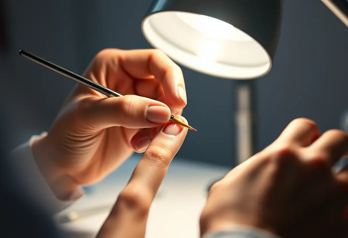 Un pinceau fin appliqué sur un ongle artificiel lisse